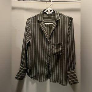 Women's V-neck dark green striped long-sleeved blouse